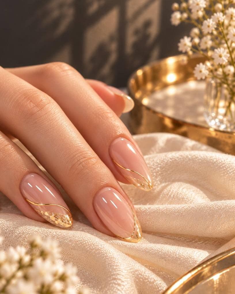 Macro view of nude-pink nails with fine gold line art