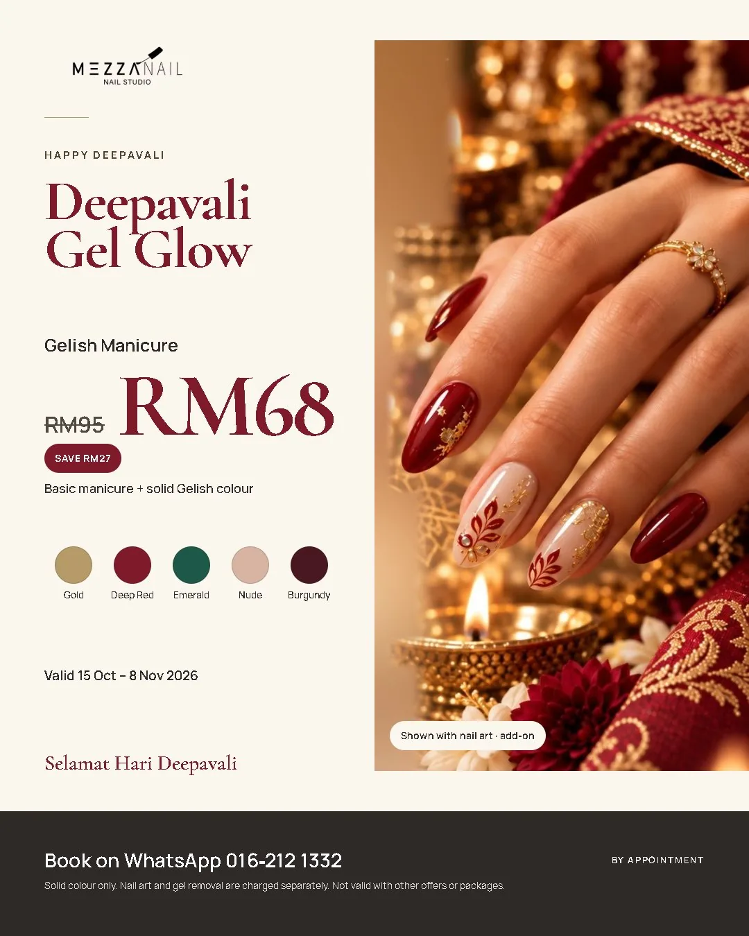 Deepavali Gel Glow poster: Gelish Manicure RM68, usual price RM95, valid 15 October to 8 November 2026
