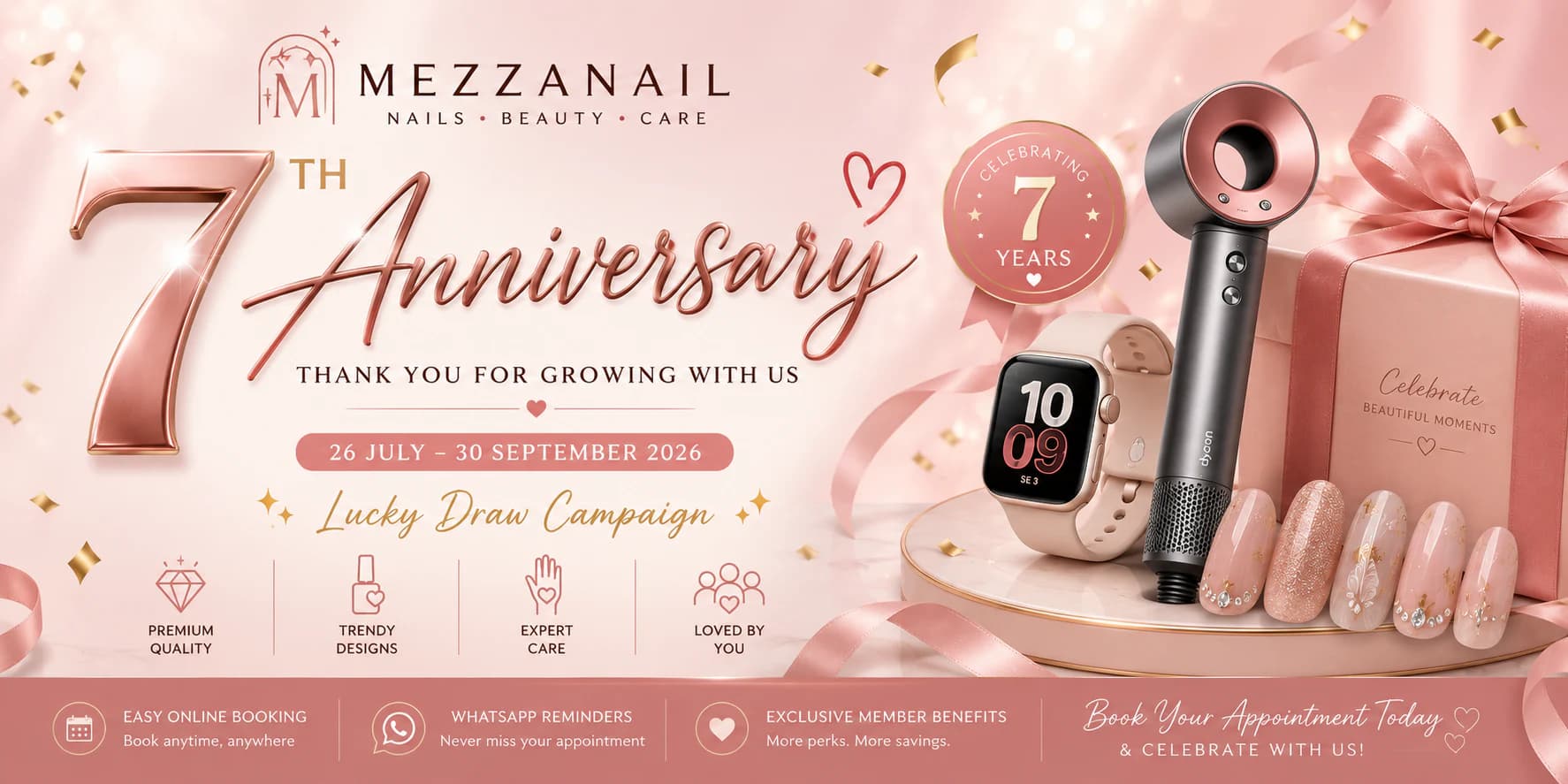 Mezzanail 7th Anniversary Lucky Draw Campaign from 26 July to 30 September 2026, featuring Dyson, HUAWEI and Xiaomi grand prizes